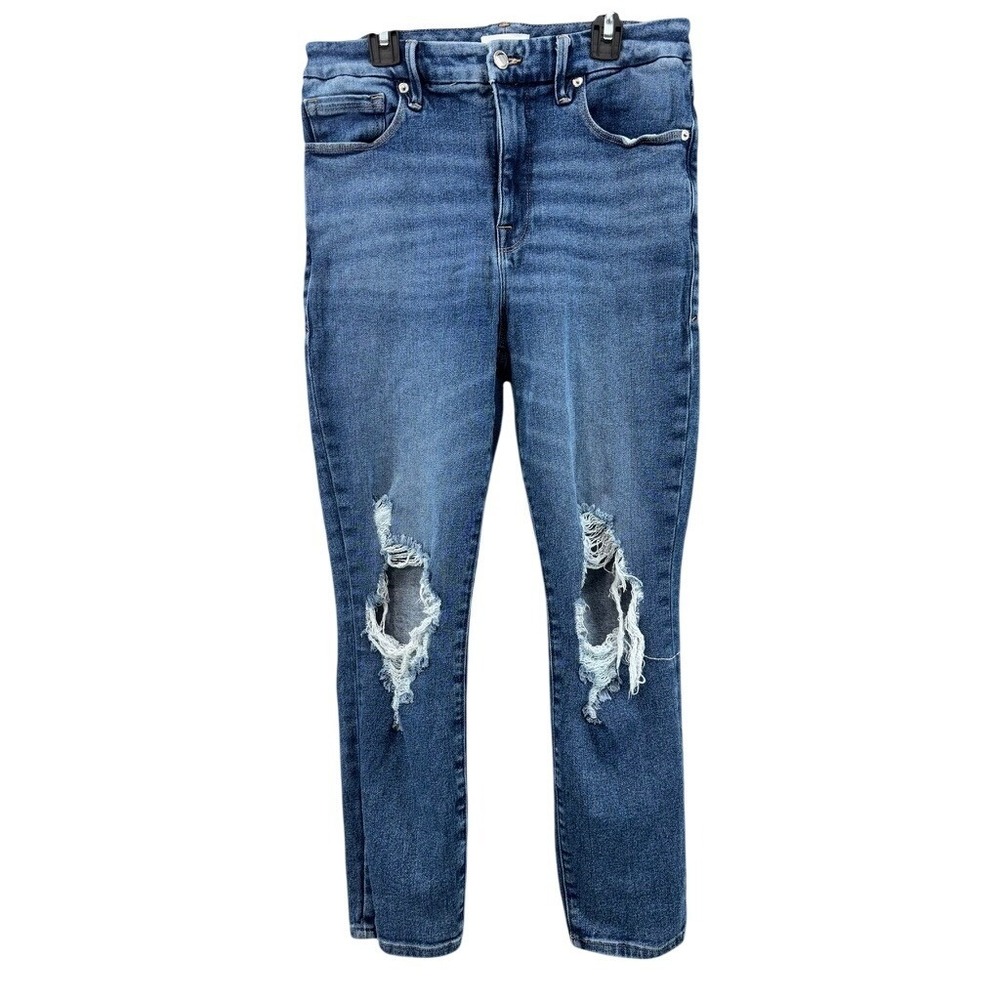 Good American Skinny Jeans Womens 8/29 Blue Knee Distressed High Rise‎ Cropped